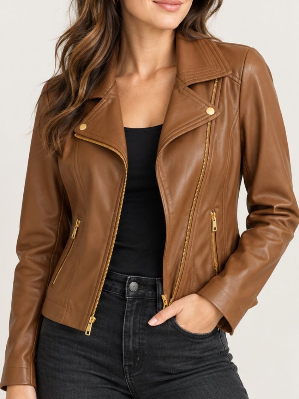 Marc New York Andrew Marc Cognac Faux Leather Moto Jacket Women’s M